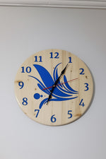 Handmade Pine Wood Wall Clock with Blue Epoxy - Silent Quartz.